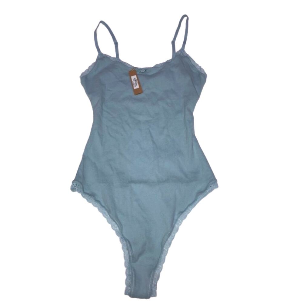 Retired NWT SKIMS Size Large Pointelle thong bodysuit top sky blue LOGO